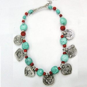 Collier tibétain argenté imitation turquoise et corail
