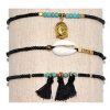Bracelet macramé cauri bouddha pompon noir