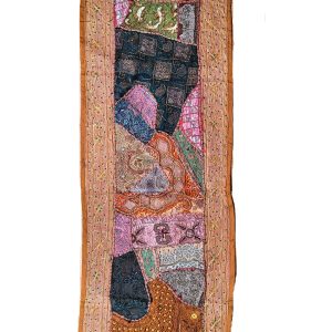 Tenture Murale patchwork de tissus recyclés brodés de perles 0.50x1.20m - ocre